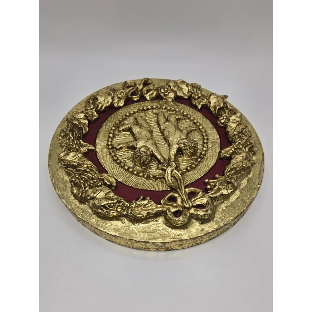 Vintage Cherub Wall Art Gold Gilt Plastic Florentine Style Relief Plaque Decor